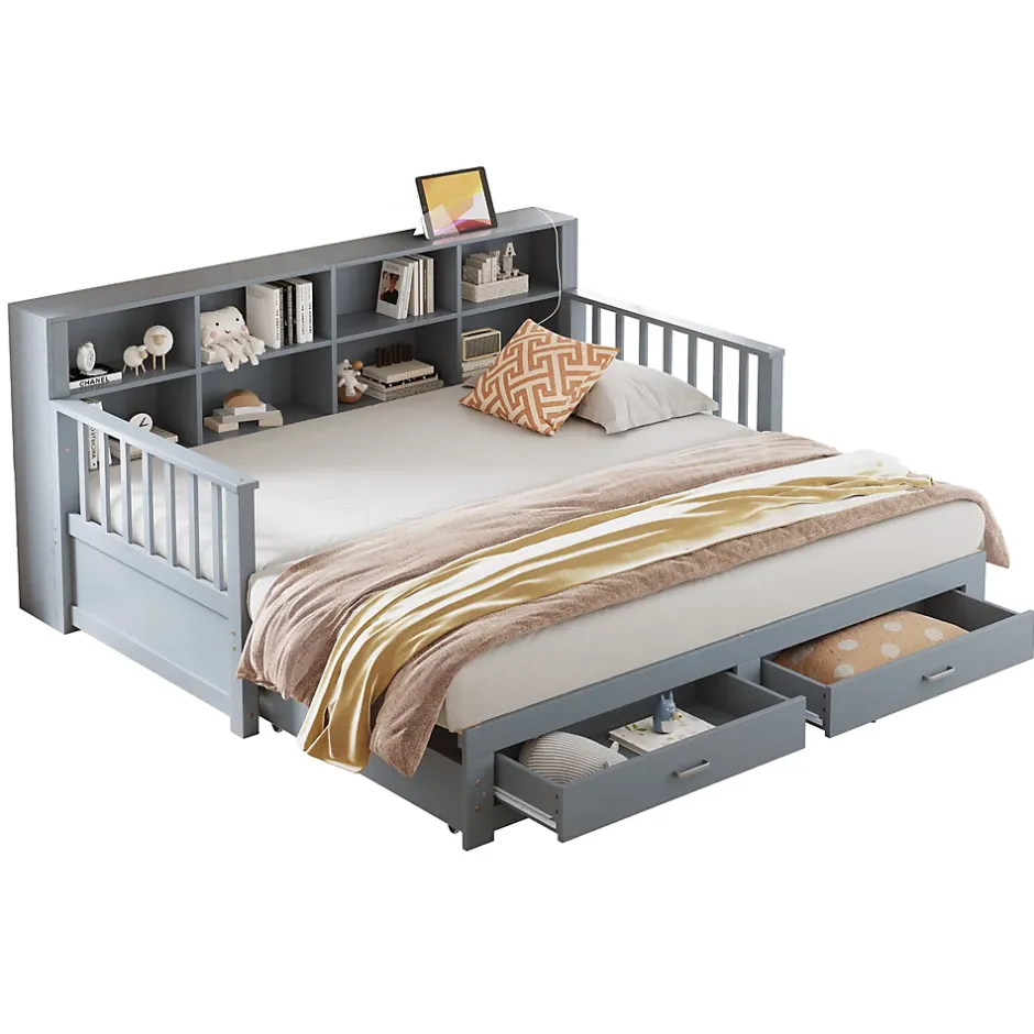 Okwish Lit Gigogne en Bois 90/180x190 cm Extensible avec Tiroirs et Prise USB, Lit Multifonction avec Rangement, Gris Online