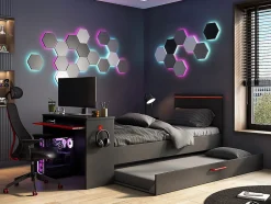 Vente-unique Lit gigogne gamer 90 x 200 et 90 x 190 cm - Avec bureau - LEDs - Anthracite et rouge + Matelas + Sommier - VOUANI Hot