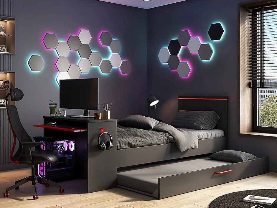 Vente-unique Lit gigogne gamer2 x 90 x 200 cm - Avec bureau - LEDs - Anthracite et rouge + Sommier - VOUANI