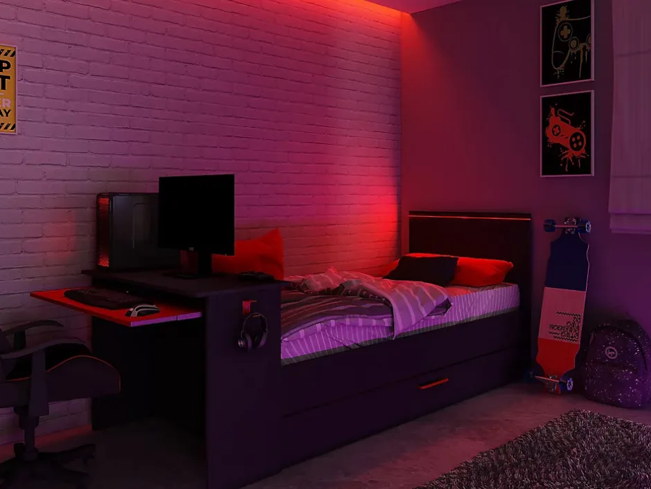 Vente-unique Lit gigogne gamer2 x 90 x 200 cm - Avec bureau - LEDs - Anthracite et rouge + Sommier - VOUANI
