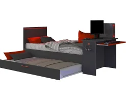 Vente-unique Lit gigogne gamer2 x 90 x 200 cm - Avec bureau - LEDs - Anthracite et rouge + Sommier - VOUANI