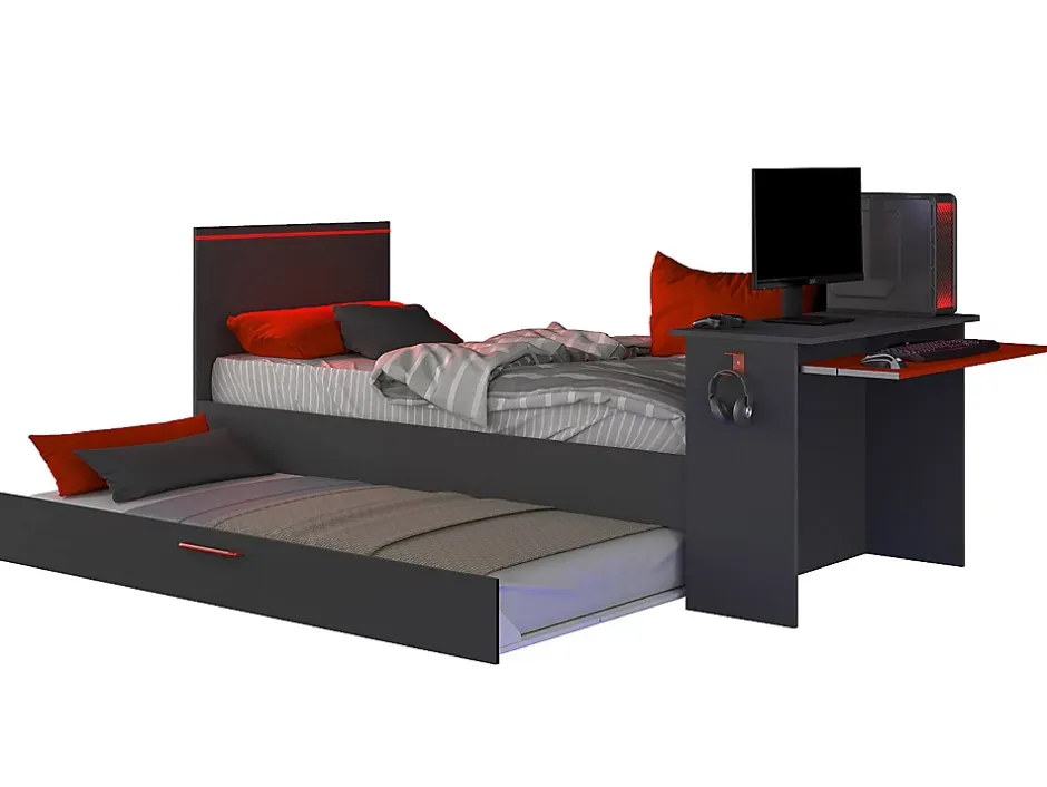 Vente-unique Lit gigogne gamer2 x 90 x 200 cm - Avec bureau - LEDs - Anthracite et rouge + Sommier - VOUANI