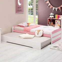 Idimex Lit gigogne LORENA en pin massif, 90 x 190 cm, lasuré blanc et rose