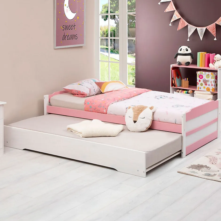 Idimex Lit gigogne LORENA en pin massif, 90 x 190 cm, lasuré blanc et rose