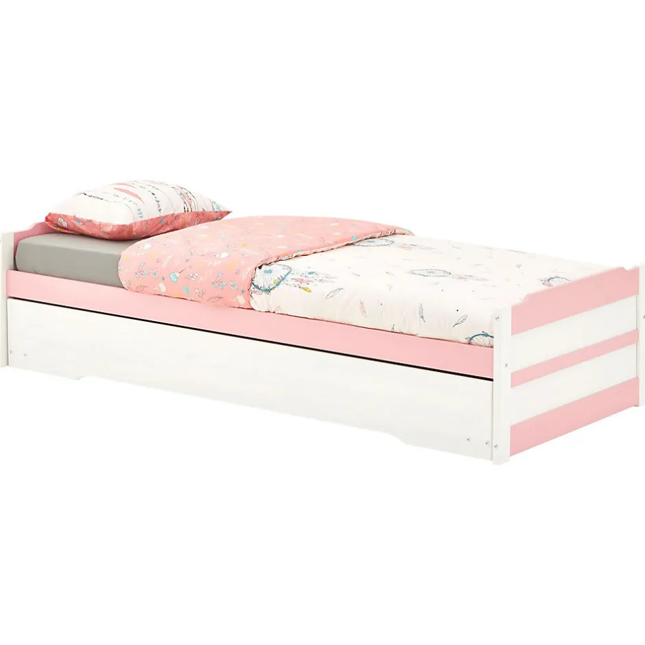 Idimex Lit gigogne LORENA en pin massif, 90 x 190 cm, lasuré blanc et rose