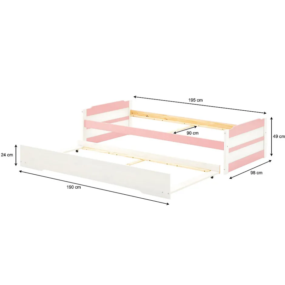Idimex Lit gigogne LORENA en pin massif, 90 x 190 cm, lasuré blanc et rose