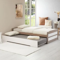 Idimex Lit gigogne LORENA en pin massif, 90 x 190 cm, lasuré taupe et blanc Clearance