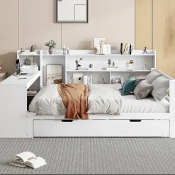 Okwish Lit Gigogne Multifonction 140x200 cm, avec Bureau et Étagères Intégrées, Lit Coulissant Sous Le Lit - Blanc - Sans Matelas