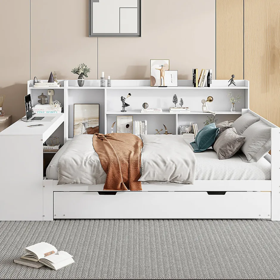 Okwish Lit Gigogne Multifonction 140x200 cm, avec Bureau et Étagères Intégrées, Lit Coulissant Sous Le Lit - Blanc - Sans Matelas