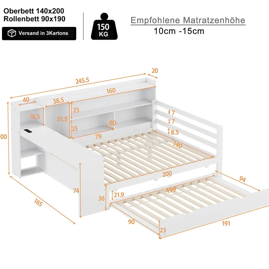 Okwish Lit Gigogne Multifonction 140x200 cm, avec Bureau et Étagères Intégrées, Lit Coulissant Sous Le Lit - Blanc - Sans Matelas