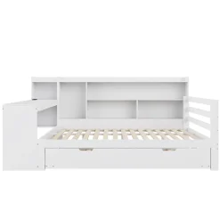 Okwish Lit Gigogne Multifonction 140x200 cm, avec Bureau et Étagères Intégrées, Lit Coulissant Sous Le Lit - Blanc - Sans Matelas