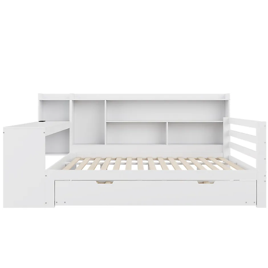 Okwish Lit Gigogne Multifonction 140x200 cm, avec Bureau et Étagères Intégrées, Lit Coulissant Sous Le Lit - Blanc - Sans Matelas