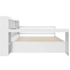 Okwish Lit Gigogne Multifonction 140x200 cm, avec Bureau et Étagères Intégrées, Lit Coulissant Sous Le Lit - Blanc - Sans Matelas