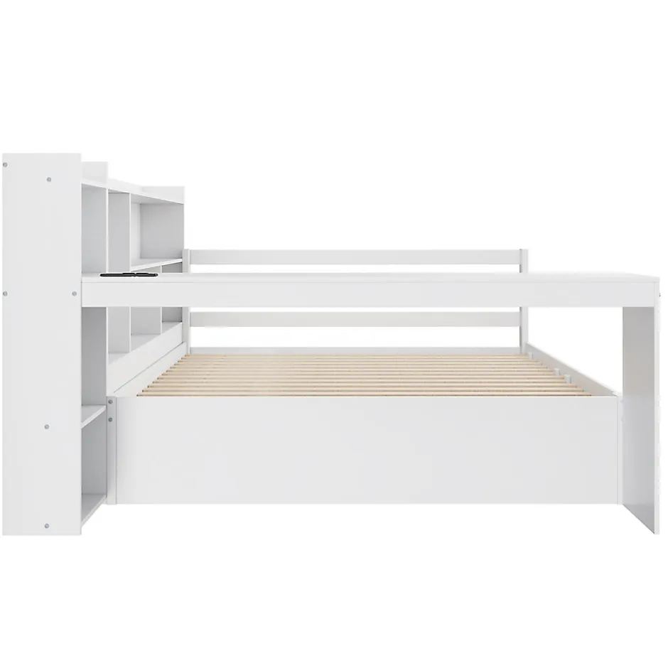 Okwish Lit Gigogne Multifonction 140x200 cm, avec Bureau et Étagères Intégrées, Lit Coulissant Sous Le Lit - Blanc - Sans Matelas