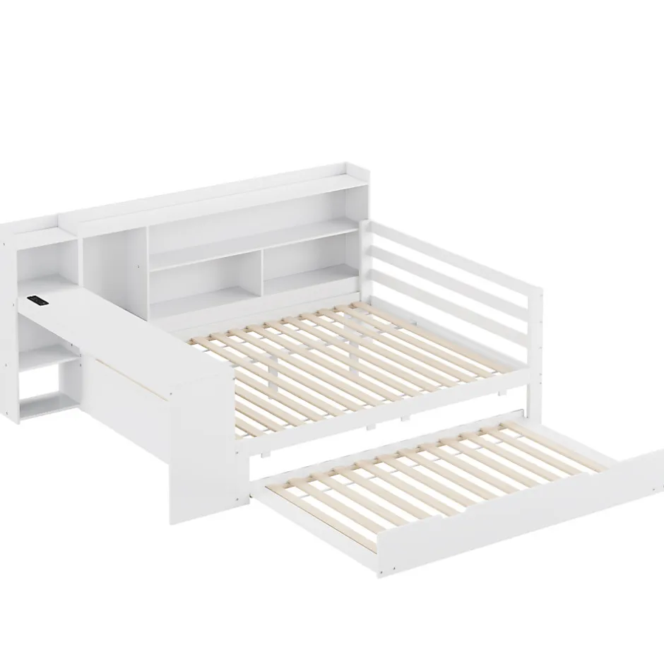 Okwish Lit Gigogne Multifonction 140x200 cm, avec Bureau et Étagères Intégrées, Lit Coulissant Sous Le Lit - Blanc - Sans Matelas
