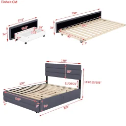 ProximaX Lit gigogne pour adulte et enfant 140 x 200cm & 90 x 190cm avec broche pour deux personnes et deux tiroirs, gris Best