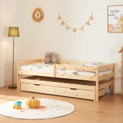 [En.Casa] Lit gigogne pour enfant Sonkajärvi avec 2 tiroirs bois de pin 90 x 200 cm naturel en.casa