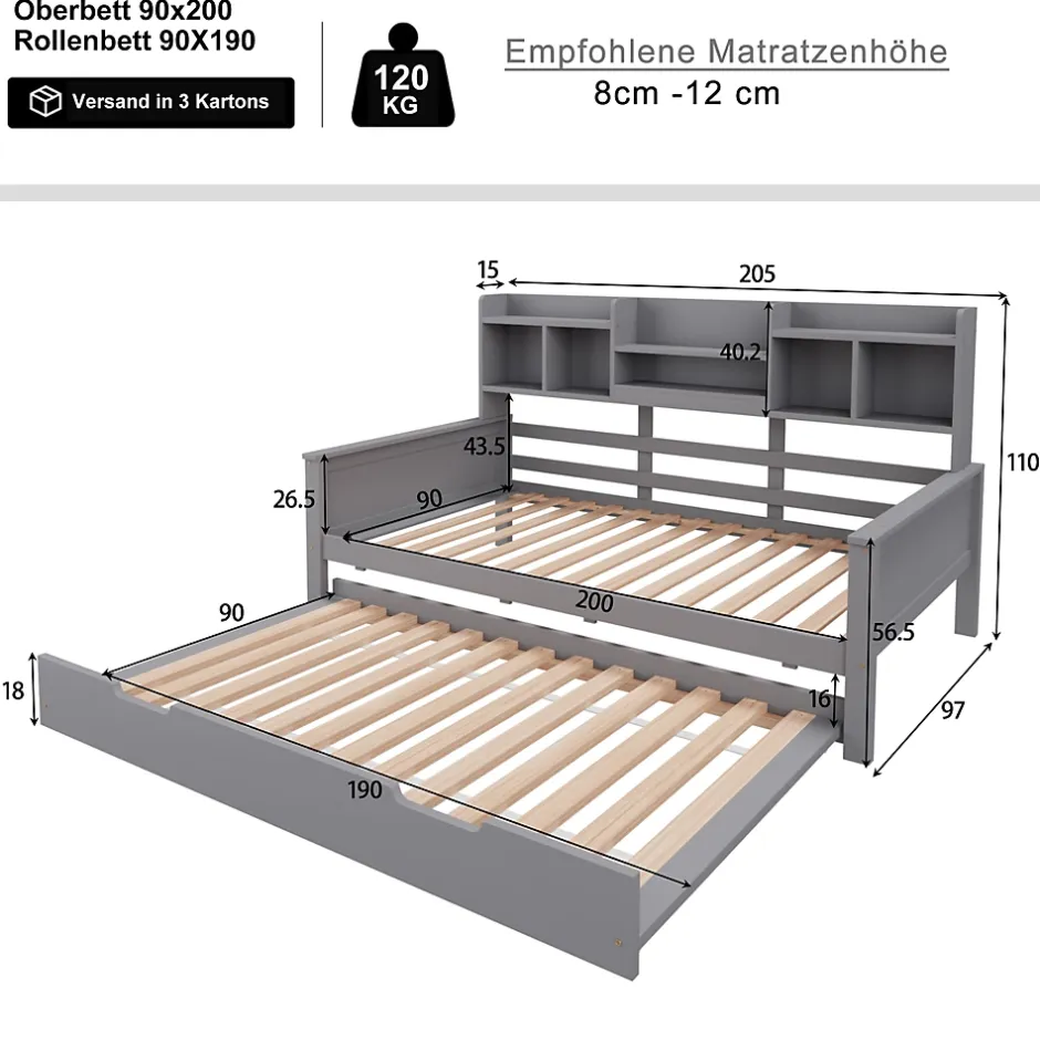 Okwish Lit gigogne simple 90x200 cm en bois avec rangement intégré - multifonction, pratique et spacieux, gris, sans matelas Online