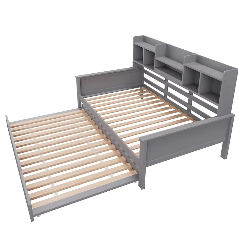 Okwish Lit gigogne simple 90x200 cm en bois avec rangement intégré - multifonction, pratique et spacieux, gris, sans matelas Online