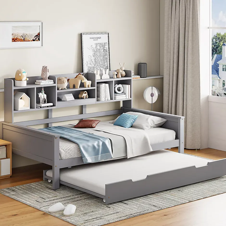 Okwish Lit gigogne simple 90x200 cm en bois avec rangement intégré - multifonction, pratique et spacieux, gris, sans matelas Online