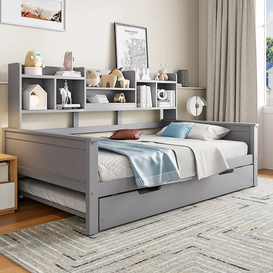 Okwish Lit gigogne simple 90x200 cm en bois avec rangement intégré - multifonction, pratique et spacieux, gris, sans matelas Online