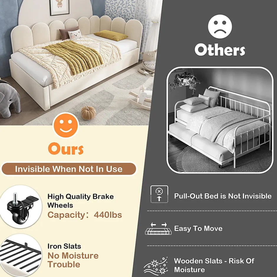 Okwish Lit Gigogne Simple 90x200 cm avec Lit Secondaire 90x190 cm - Gain de Place pour Chambre d'enfant - Velours Beige - Sans Matelas Sale