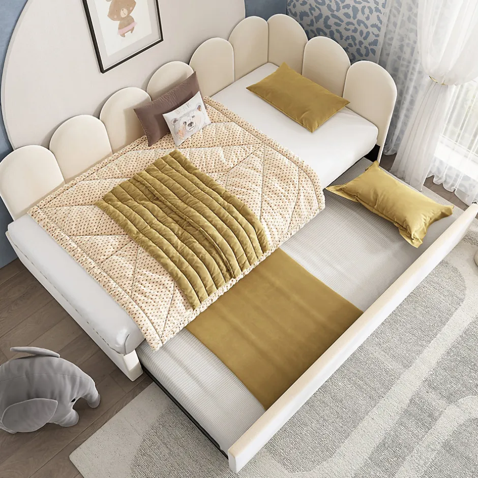 Okwish Lit Gigogne Simple 90x200 cm avec Lit Secondaire 90x190 cm - Gain de Place pour Chambre d'enfant - Velours Beige - Sans Matelas Sale