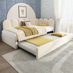 Okwish Lit Gigogne Simple 90x200 cm avec Lit Secondaire 90x190 cm - Gain de Place pour Chambre d'enfant - Velours Beige - Sans Matelas Sale