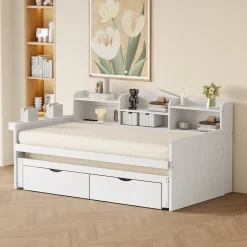 Okwish Lit Gigogne Simple 90x200 cm avec Lit 90x190 cm, Tiroirs et Grand Rangement, Port USB Intégré Bois Blanc, Multifonction, Blanc