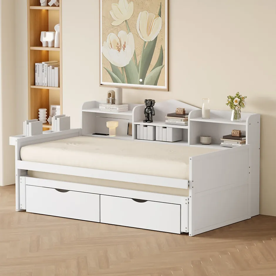 Okwish Lit Gigogne Simple 90x200 cm avec Lit 90x190 cm, Tiroirs et Grand Rangement, Port USB Intégré Bois Blanc, Multifonction, Blanc