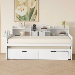 Okwish Lit Gigogne Simple 90x200 cm avec Lit 90x190 cm, Tiroirs et Grand Rangement, Port USB Intégré Bois Blanc, Multifonction, Blanc