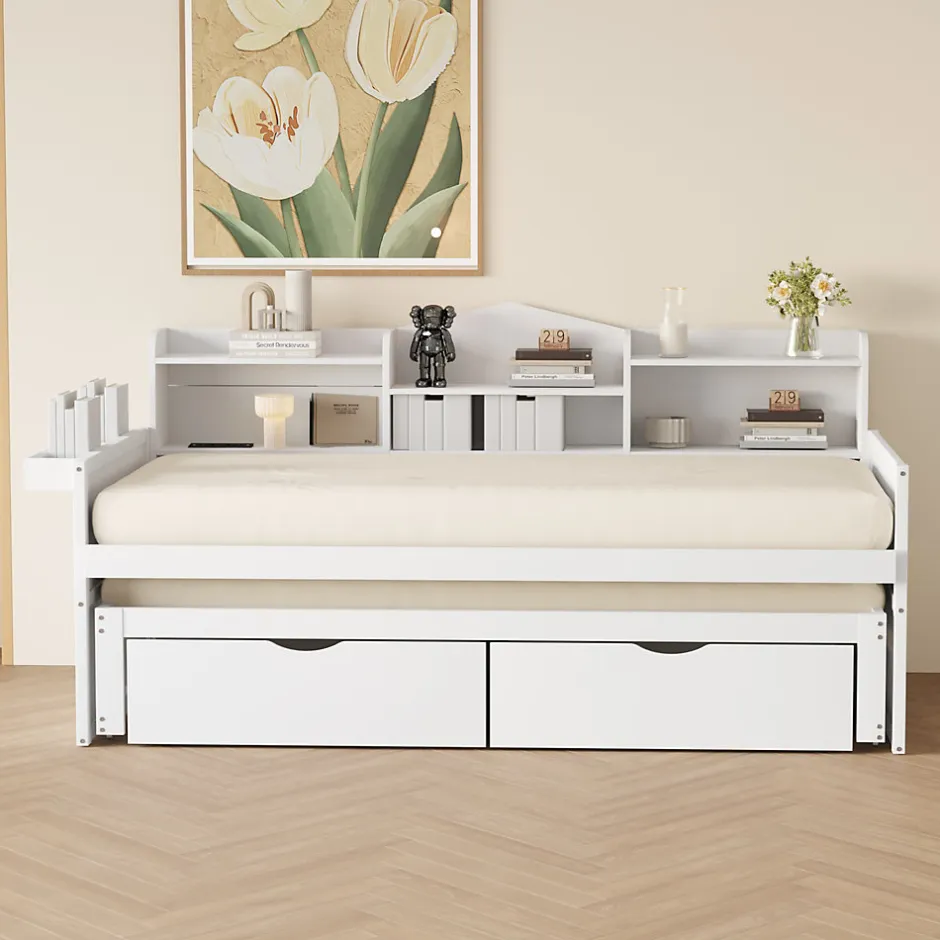 Okwish Lit Gigogne Simple 90x200 cm avec Lit 90x190 cm, Tiroirs et Grand Rangement, Port USB Intégré Bois Blanc, Multifonction, Blanc