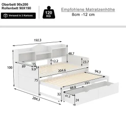 Okwish Lit Gigogne Simple 90x200 cm avec Lit 90x190 cm, Tiroirs et Grand Rangement, Port USB Intégré Bois Blanc, Multifonction, Blanc