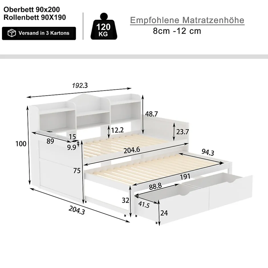 Okwish Lit Gigogne Simple 90x200 cm avec Lit 90x190 cm, Tiroirs et Grand Rangement, Port USB Intégré Bois Blanc, Multifonction, Blanc