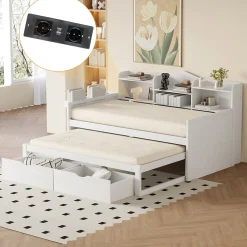 Okwish Lit Gigogne Simple 90x200 cm avec Lit 90x190 cm, Tiroirs et Grand Rangement, Port USB Intégré Bois Blanc, Multifonction, Blanc
