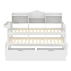 Okwish Lit Gigogne Simple 90x200 cm avec Lit 90x190 cm, Tiroirs et Grand Rangement, Port USB Intégré Bois Blanc, Multifonction, Blanc