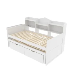 Okwish Lit Gigogne Simple 90x200 cm avec Lit 90x190 cm, Tiroirs et Grand Rangement, Port USB Intégré Bois Blanc, Multifonction, Blanc