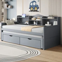 Okwish Lit Gigogne Simple 90x200 cm avec Lit 90x190 cm, Tiroirs et Grand Rangement, Port USB Intégré Bois Gris, Multifonction, Gris