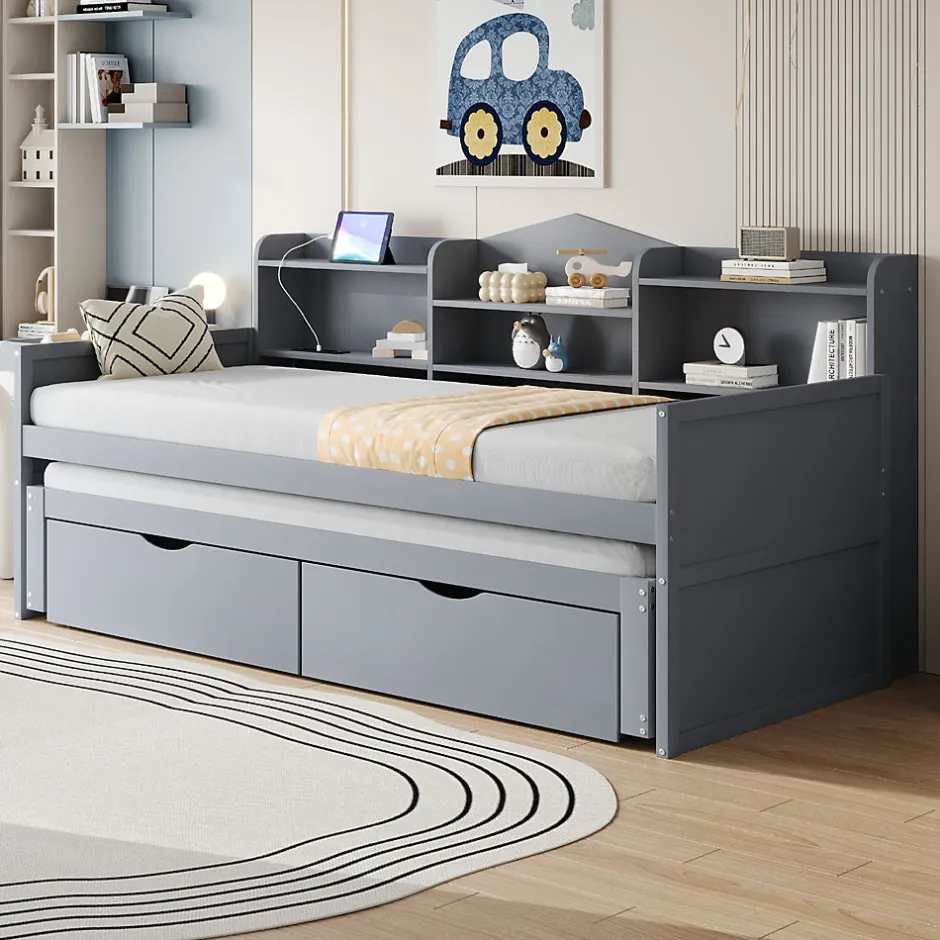 Okwish Lit Gigogne Simple 90x200 cm avec Lit 90x190 cm, Tiroirs et Grand Rangement, Port USB Intégré Bois Gris, Multifonction, Gris