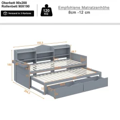 Okwish Lit Gigogne Simple 90x200 cm avec Lit 90x190 cm, Tiroirs et Grand Rangement, Port USB Intégré Bois Gris, Multifonction, Gris
