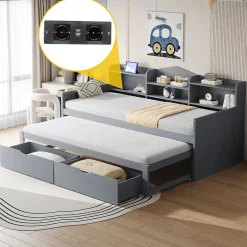 Okwish Lit Gigogne Simple 90x200 cm avec Lit 90x190 cm, Tiroirs et Grand Rangement, Port USB Intégré Bois Gris, Multifonction, Gris