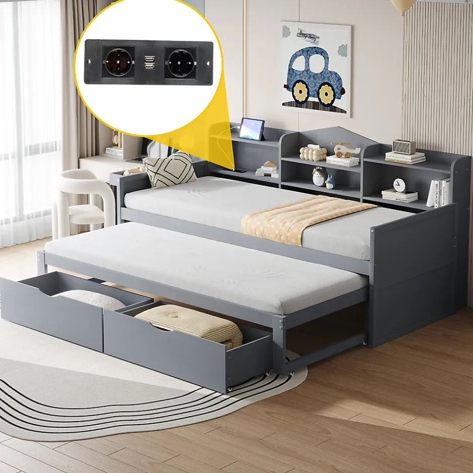 Okwish Lit Gigogne Simple 90x200 cm avec Lit 90x190 cm, Tiroirs et Grand Rangement, Port USB Intégré Bois Gris, Multifonction, Gris