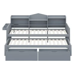 Okwish Lit Gigogne Simple 90x200 cm avec Lit 90x190 cm, Tiroirs et Grand Rangement, Port USB Intégré Bois Gris, Multifonction, Gris