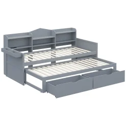 Okwish Lit Gigogne Simple 90x200 cm avec Lit 90x190 cm, Tiroirs et Grand Rangement, Port USB Intégré Bois Gris, Multifonction, Gris