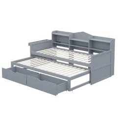 Okwish Lit Gigogne Simple 90x200 cm avec Lit 90x190 cm, Tiroirs et Grand Rangement, Port USB Intégré Bois Gris, Multifonction, Gris