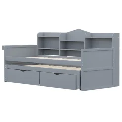 Okwish Lit Gigogne Simple 90x200 cm avec Lit 90x190 cm, Tiroirs et Grand Rangement, Port USB Intégré Bois Gris, Multifonction, Gris