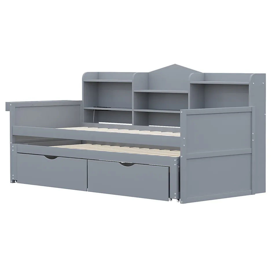 Okwish Lit Gigogne Simple 90x200 cm avec Lit 90x190 cm, Tiroirs et Grand Rangement, Port USB Intégré Bois Gris, Multifonction, Gris
