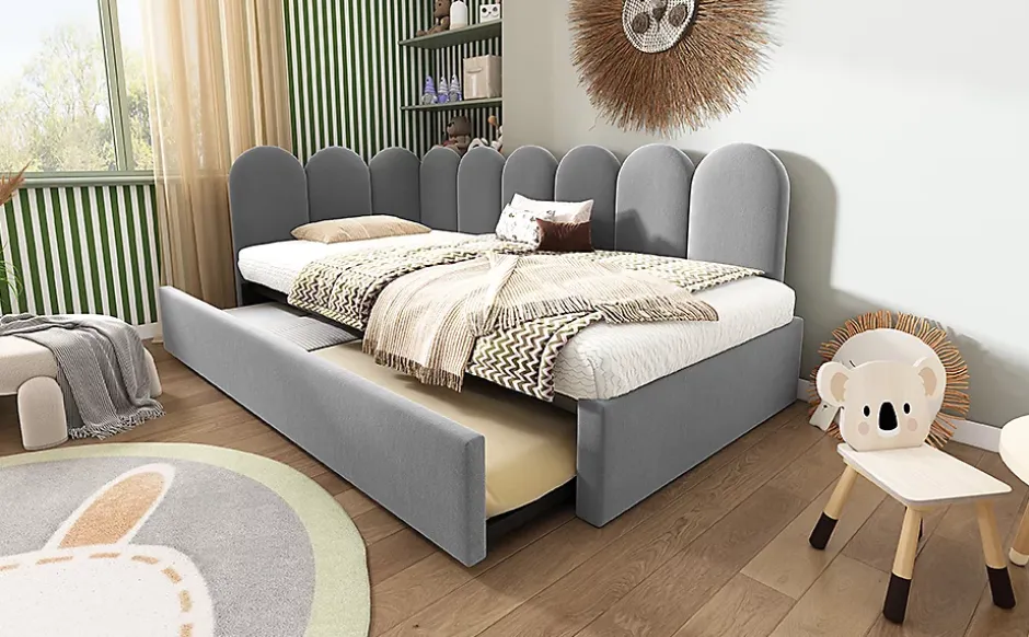 Okwish Lit Gigogne Simple 90x200 cm avec Lit Secondaire - Design Moderne Gain de Place pour Chambre enfant - Velours Gris - Sans Matelas