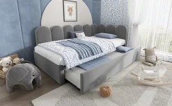 Okwish Lit Gigogne Simple 90x200 cm avec Lit Secondaire - Design Moderne Gain de Place pour Chambre enfant - Velours Gris - Sans Matelas