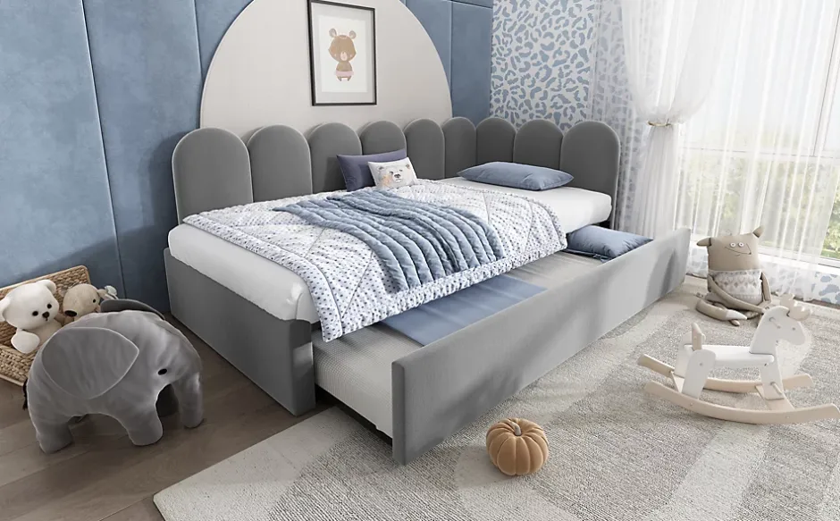 Okwish Lit Gigogne Simple 90x200 cm avec Lit Secondaire - Design Moderne Gain de Place pour Chambre enfant - Velours Gris - Sans Matelas